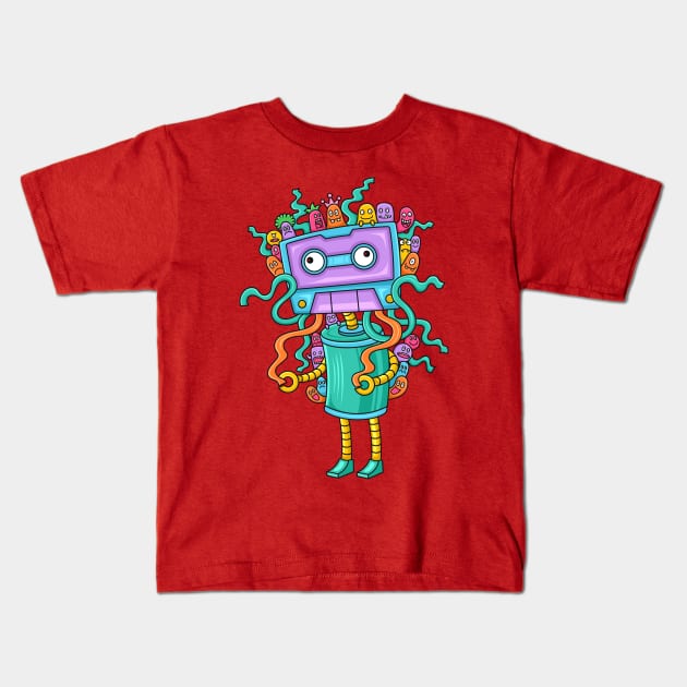 funny music cassette doodle monster Kids T-Shirt by Mako Design 